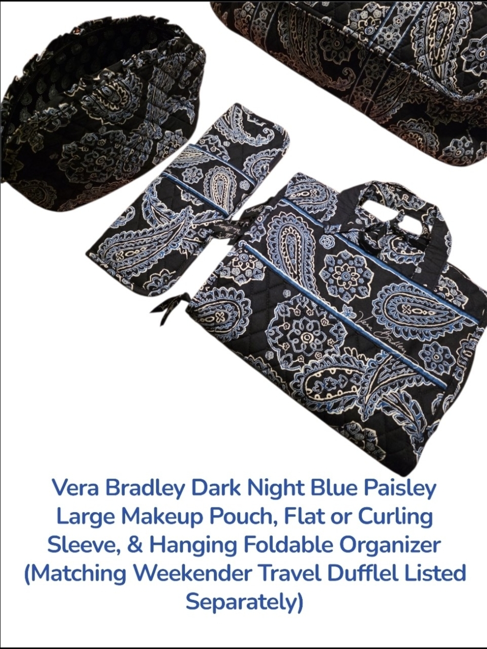 Vera Bradley Dark Night Paisley Navy, Lt Blue, & White Travel Organizer Set Of 3